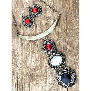 THALIA SODI Statement Necklace & Earrings Set NWT Bronze Red & Black Enamel